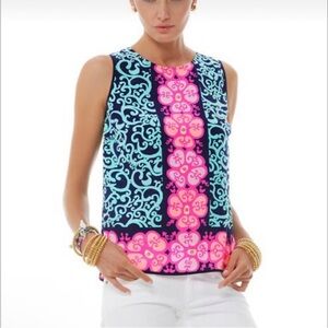 Lilly Pulitzer Iona 100% Silk Shell Bright Navy Fountain Hopping Engineer Small